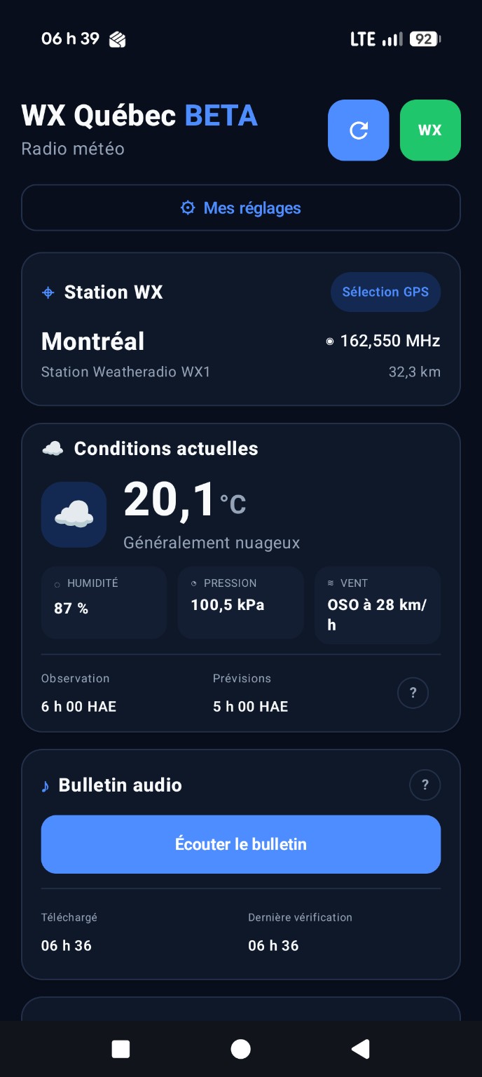 Capture de WX Québec BETA sur Android : conditions à Montréal, réglages et bouton Écouter le bulletin.